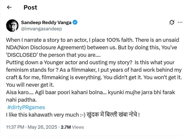 Sandeep Reddy Vanga slams anonymous actress for exiting Spirit amid Deepika Padukone exit reports