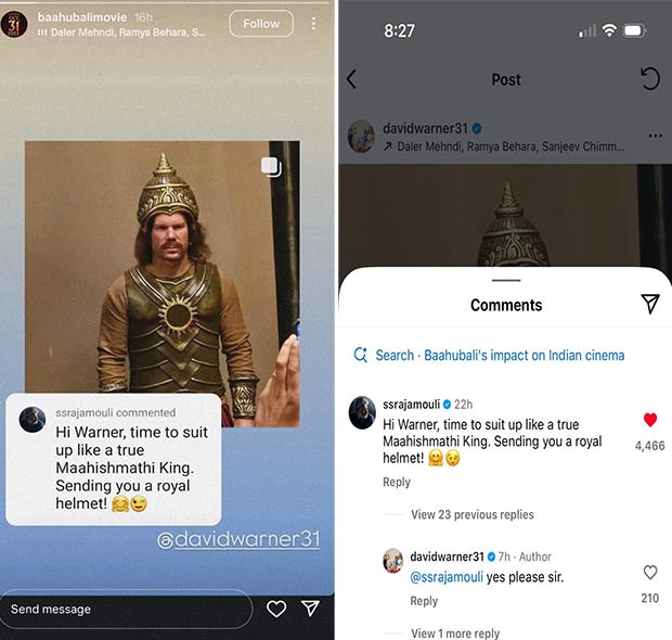 S.S. Rajamouli responds with a royal surprise to David Warner after latter channels his inner Baahubali 