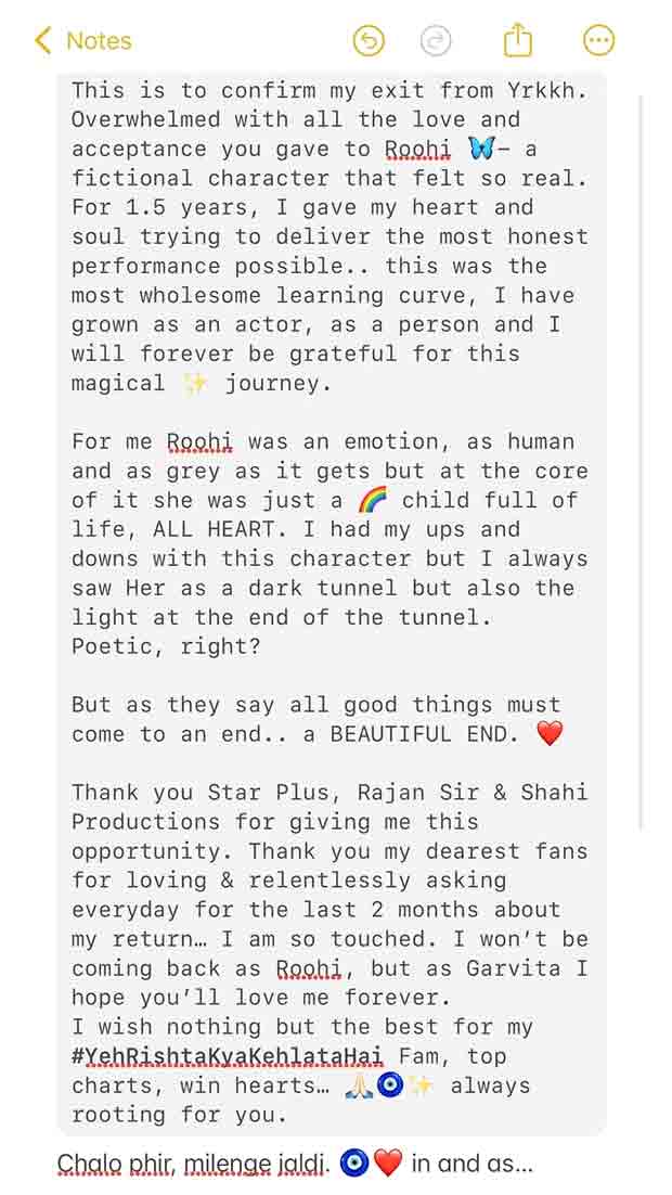 Garvita Sadhwani to not return to Yeh Rishta Kya Kehlata Hai; says, “As they say all good things must come to an end.. a BEAUTIFUL END”