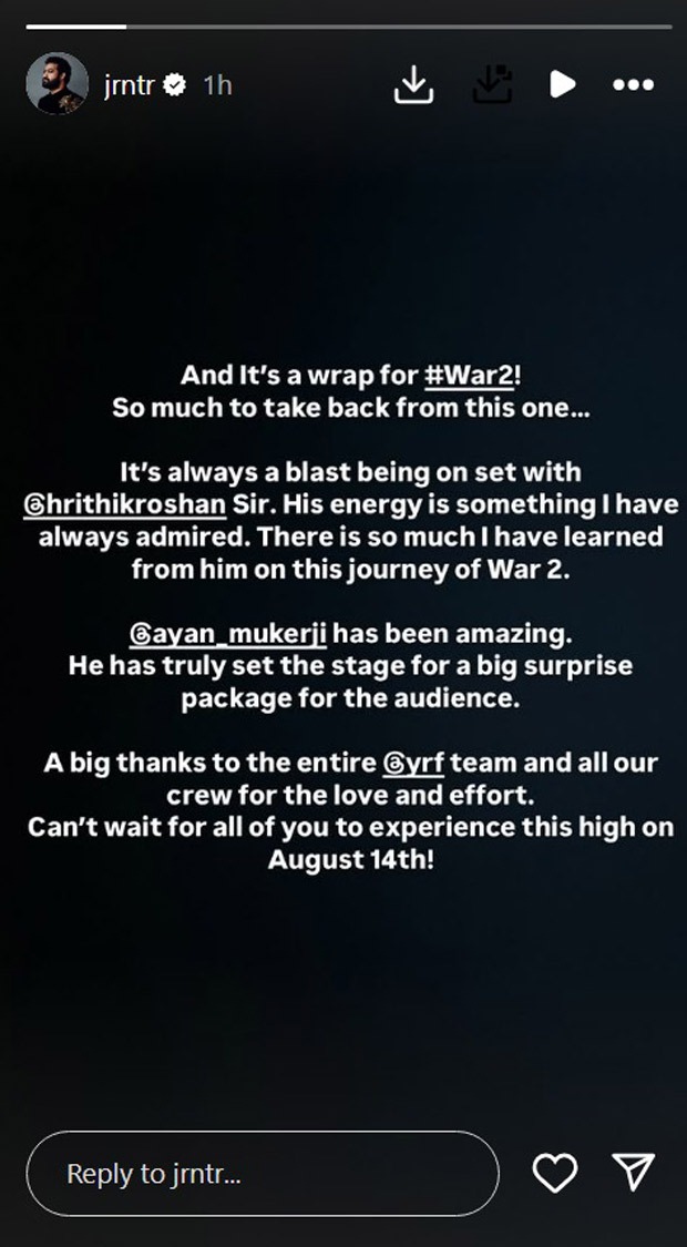 Jr NTR wraps up shooting for War 2: "It's always a blast being on set with Hrithik Roshan"