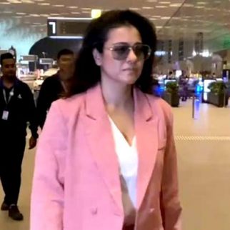 Kajol in a pink boss lady blazer suit papped at the airport
