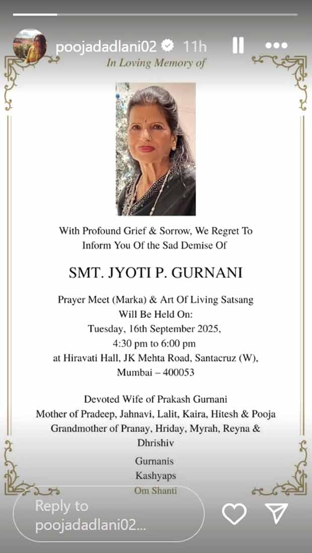 Shah Rukh Khan’s manager Pooja Dadlani mourns the loss of mother-in-law Jyoti Gurnani