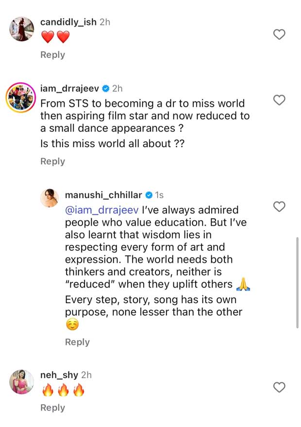 Manushi Chhillar wins hearts with her response to online criticism “I've learnt that wisdom lies in respecting every form of art and expression”