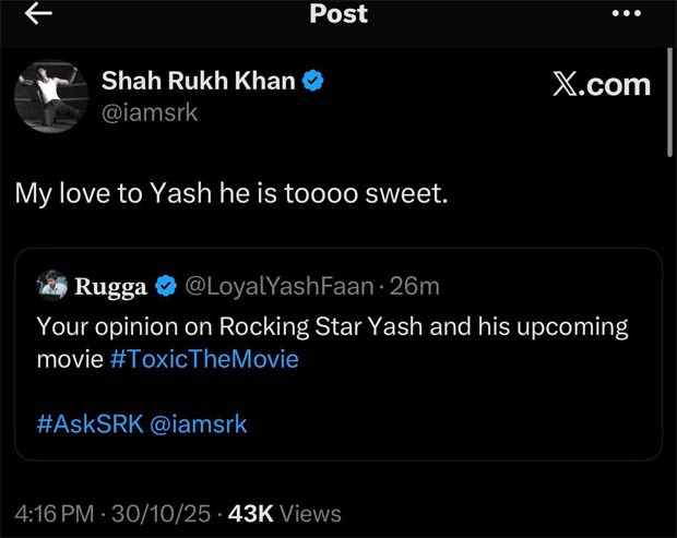 Ask SRK: Shah Rukh Khan sends warm wishes to Yash for Toxic ahead of release; says, "He is toooo sweet"