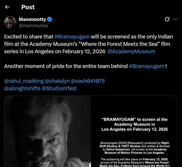 Mammootty starrer Bramayugam selected as the only Indian film for Academy Museum showcase in Los Angeles; actor shares excitement on social media