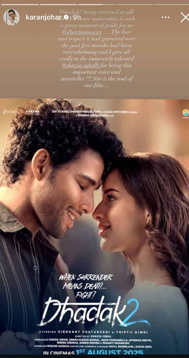 Karan Johar says Dhadak 2’s screenings at IVY league universities are a “moment of pride”; calls director Shazia Iqbal “soul” of the film