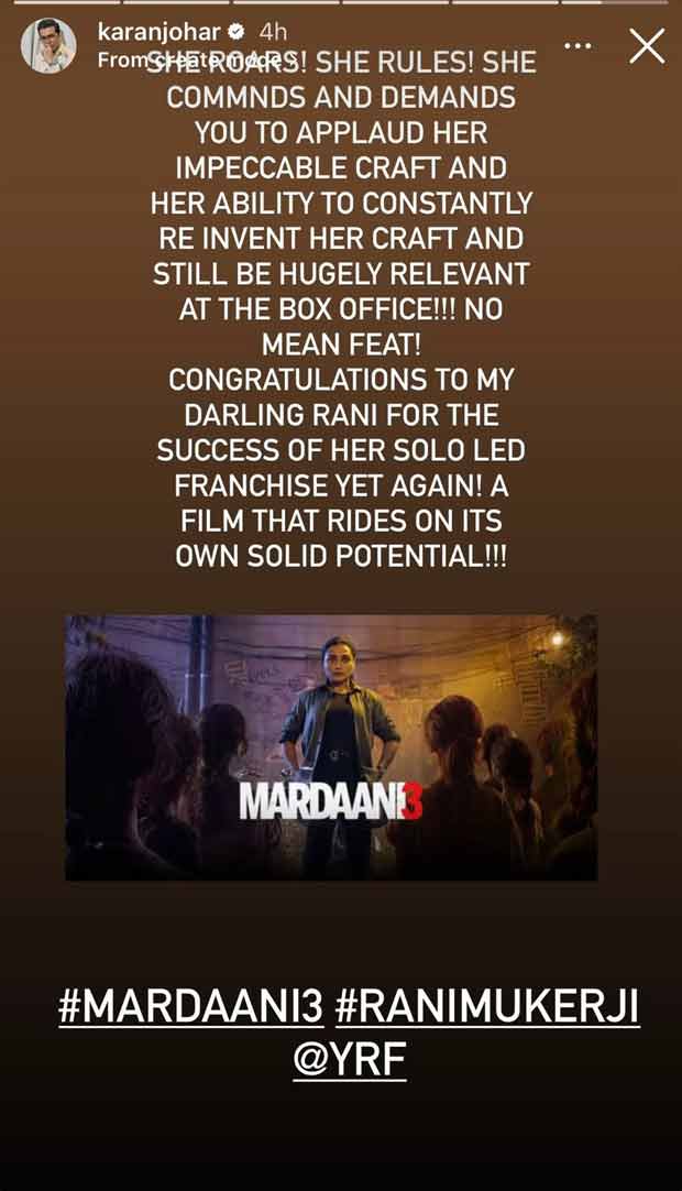 Karan Johar applauds Rani Mukerji as Mardaani 3 shows strong box office hold: “Rides on its own solid potential”