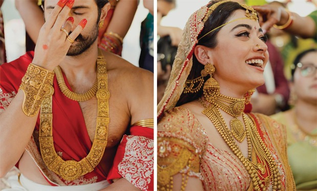 Vijay Deverakonda and Rashmika Mandanna Wedding: From temple gold to Vanasingaram weave, their looks are Deccan royalty redefined