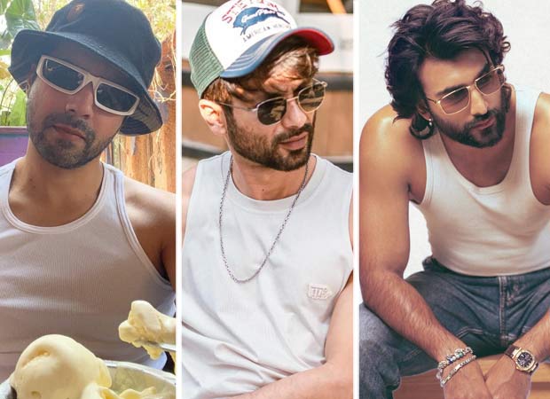 Bollywood actors styling white vests with modern summer fashion looks including Varun Dhawan and Shahid Kapoor