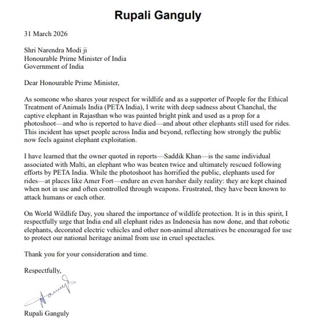 Rupali Ganguly writes to Narendra Modi urging ban on elephant rides after pink elephant photoshoot row