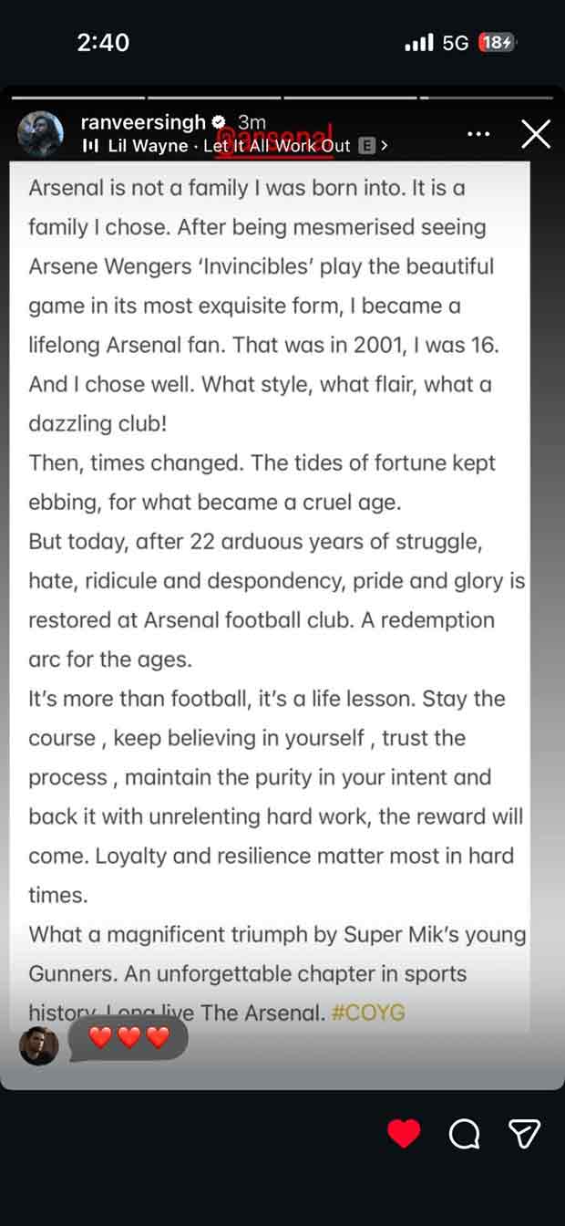 Ranveer Singh pens emotional note on the historic win of Arsenal; says, “It's more than football, it's a life lesson”