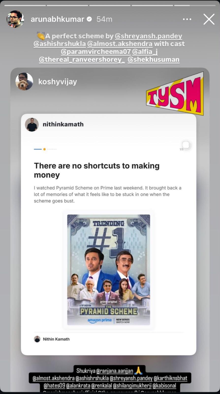 Zerodha Founder Nithin Kamath gives a thumbs-up to TVF’s The Pyramid Scheme: “It brought back a lot of memories”, Arunabh Kumar reacts