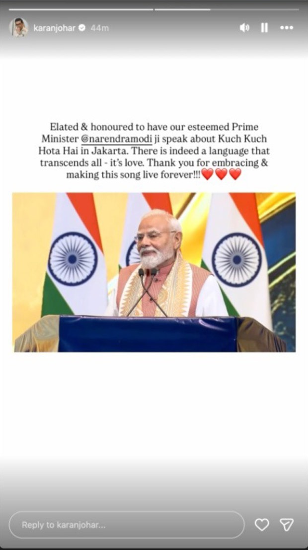 जकार्ता में प्रधान मंत्री नरेंद्र मोदी द्वारा कुछ कुछ होता है की प्रशंसा करने के बाद करण जौहर ने प्रतिक्रिया दी: