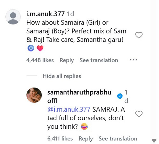 Samantha Ruth Prabhu reacts to fan suggesting baby name Samraj with Raj Nidimoru: “A tad full of ourselves, don’t you think?”